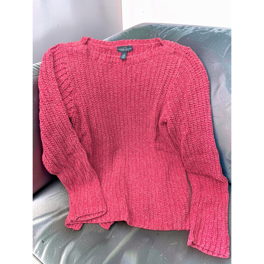 Lauren Ralph Lauren LRL Chunky Knit Sweater Womens M Pink Red Cotton Wide Neck